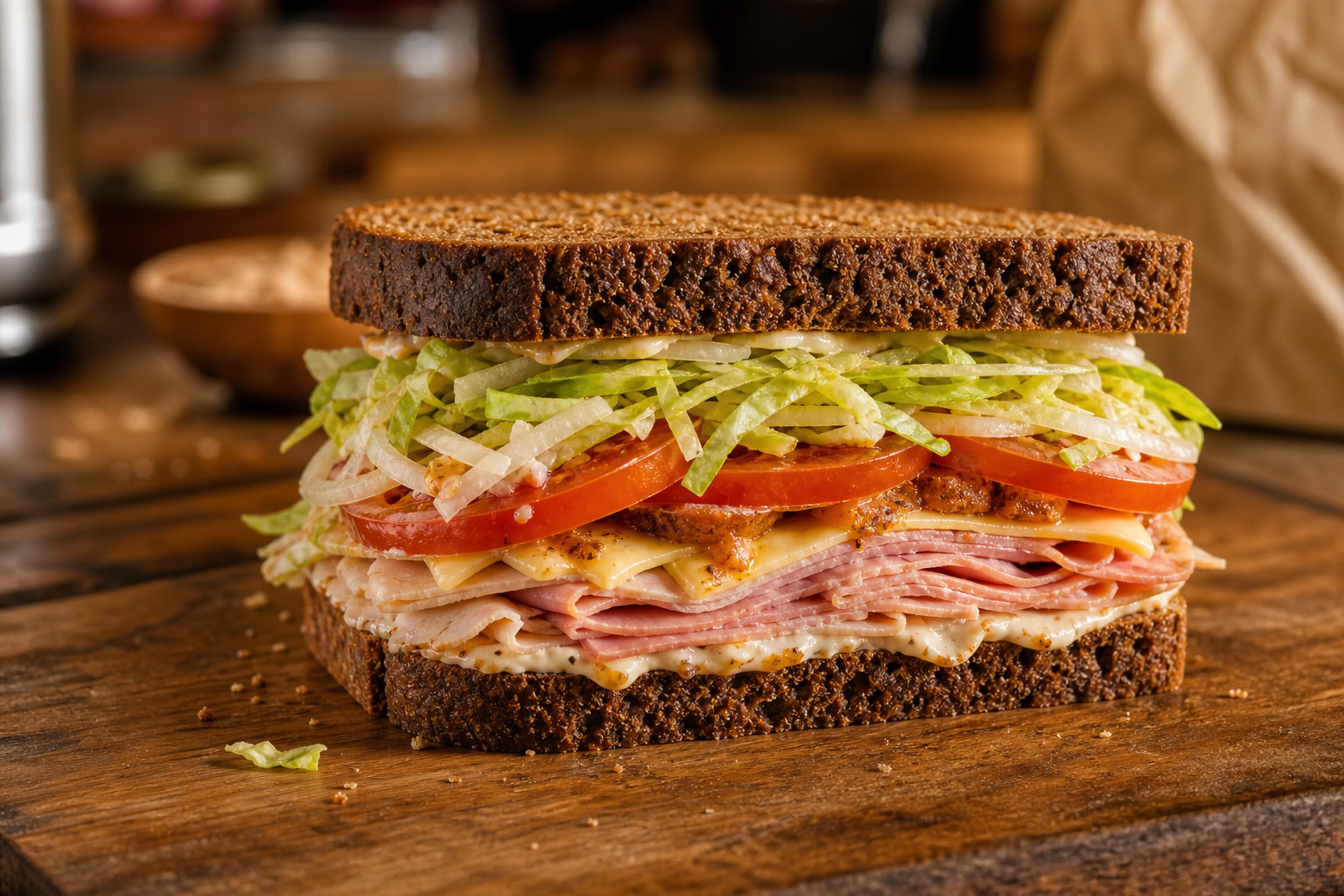 Stacked deli sandwich on rye